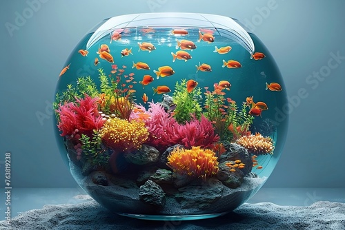 Round aquarium on a light blue background