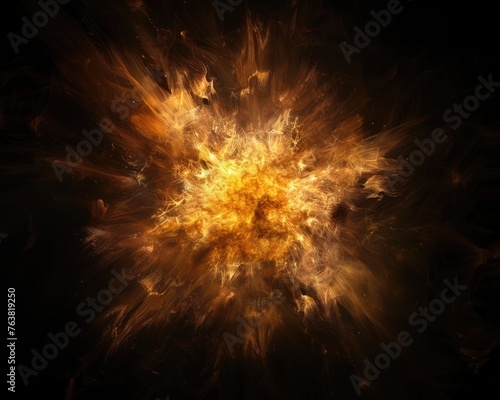 New Yellow Fire Burst. Fantastic Explosive Flash with Abstract Smoke on Black Background