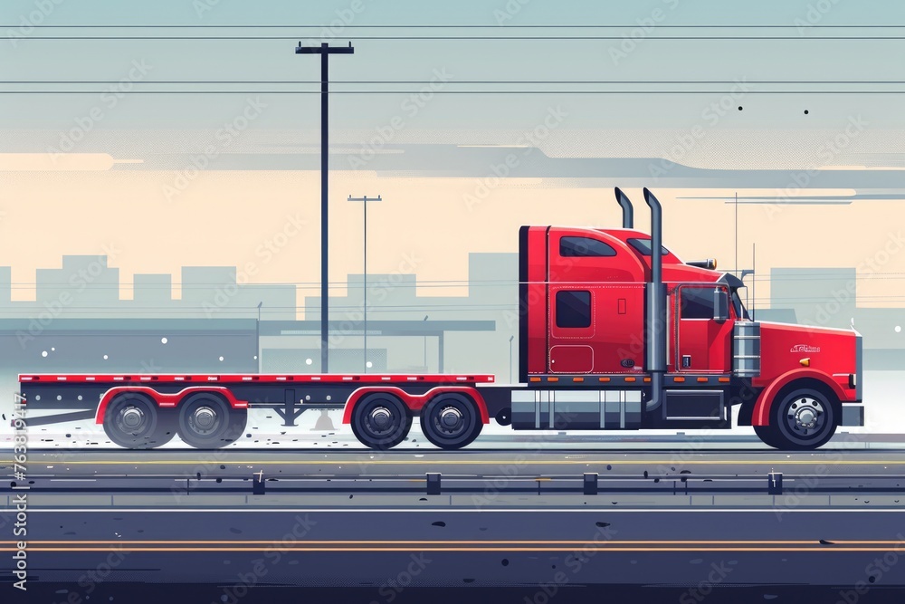 Red Semi Truck with Powerful Flatbed Trailer for Transportation of Freight Cargo on Smoggy Roads