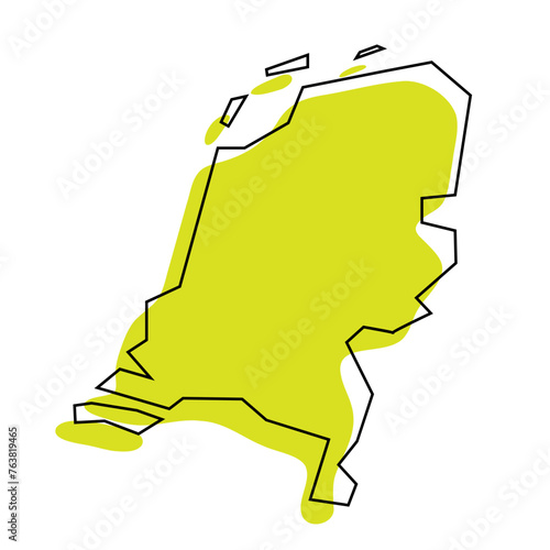 Netherlands country simplified map. Green silhouette with thin black contour outline isolated on white background. Simple vector icon
