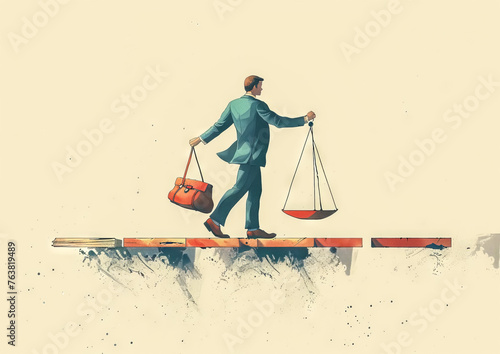 Man holding bag and scale, Work - Life balance illustration 