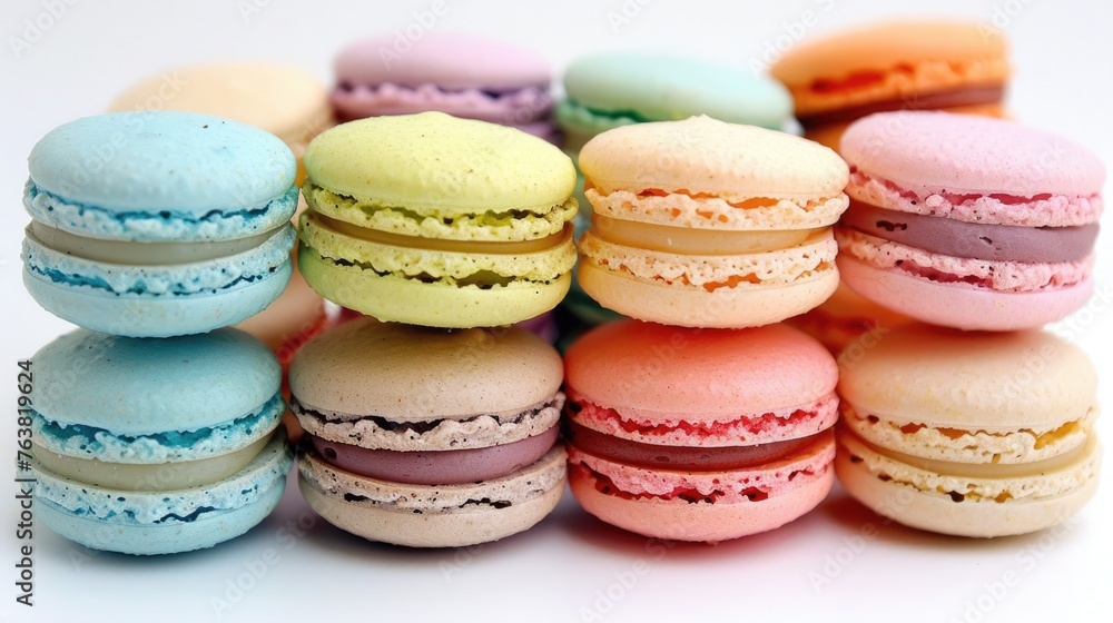 Stacked Colorful Macarons: A French Pastry Snack and Baked Treat in Pastel Pinks and Greens