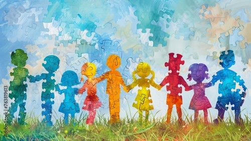Children Holding Hands As Pieces Of A Puzzle