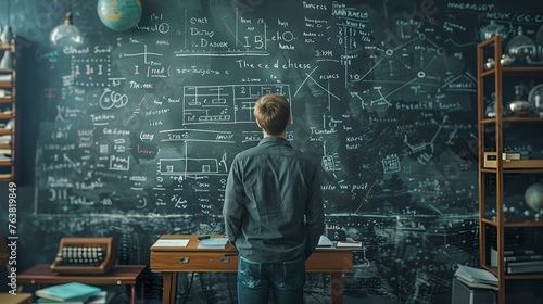 Young scholar contemplating complex equations on a blackboard. educational, intellectual, concept image. vintage classroom setting. insight moment. AI