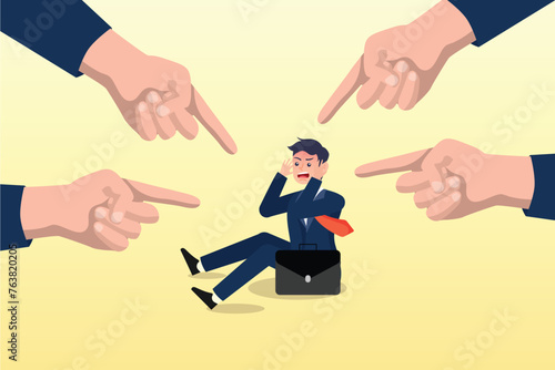 Giant boss hands pointing and blaming at depressed businessman employee, toxic work, bullying colleagues, bad culture make exhausted depressed employee, fear of failure and responsibility (Vector)