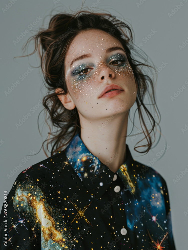 This striking image showcases a woman with galaxy-inspired makeup, featuring glitter and vibrant colors across her face This striking image showcases a woman with galaxy-inspired makeup, featuring glitter and vibrant colors across her face