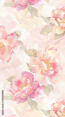Obraz na płótnie Soft Pastel Peony Dreams - A lush cascade of watercolor peonies blooms in pastel pinks and creams, creating a dreamy, vertical display of floral elegance. w salonie