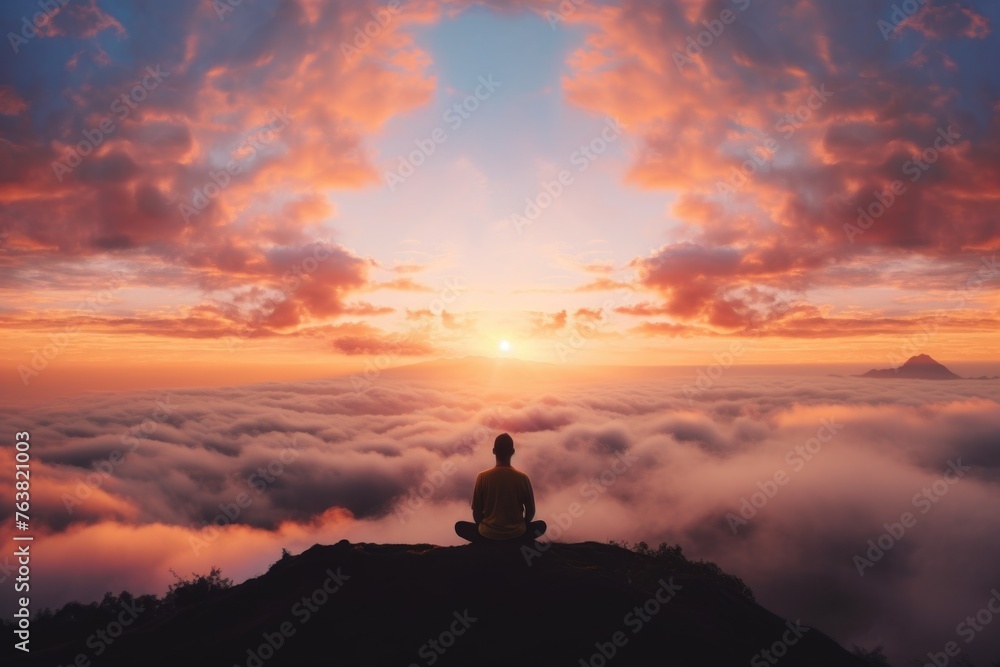 meditating yogi with view of the sunrise, surrounded by colorful clouds and warm light - obrazy, fototapety, plakaty 
