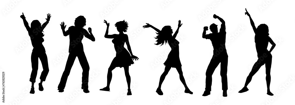 Silhouette group of people happily dancing in party wearing fashionable outfit