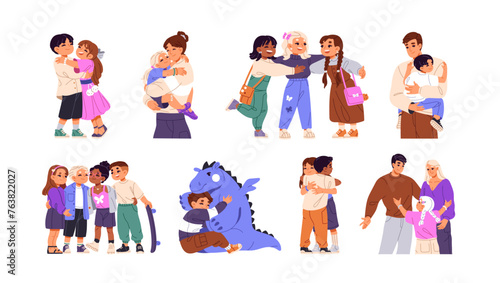 Children hug set. Happy kids cuddle with friends, sisters, brothers, parents, family. Mother, father hold child on hand, care about son, daughter. Flat isolated vector illustration on white background