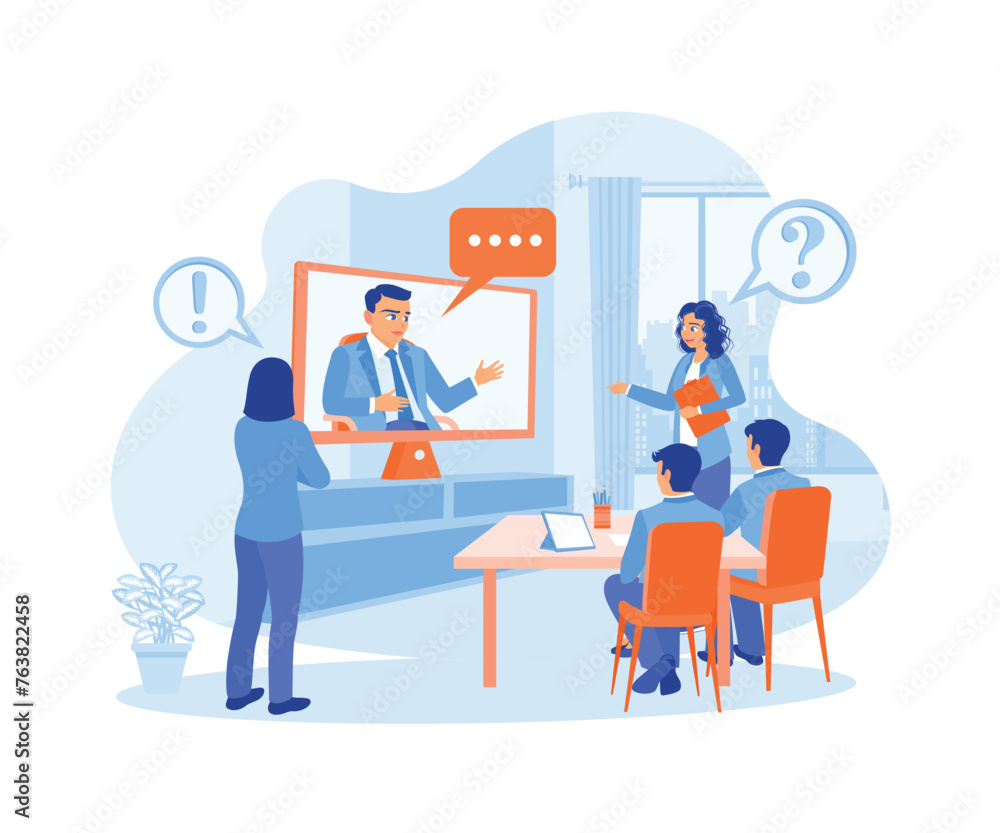 The director has online meetings with the business team in the meeting room. Job consulting and training concept. Video conference concept. Flat vector illustration.