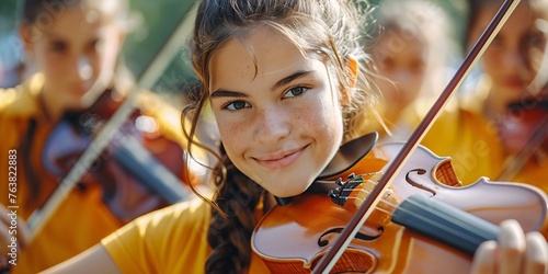 Adolescent high schoolers playing violin and studying outdoors at a youth music club, surrounded by a creative and educational atmosphere. photo