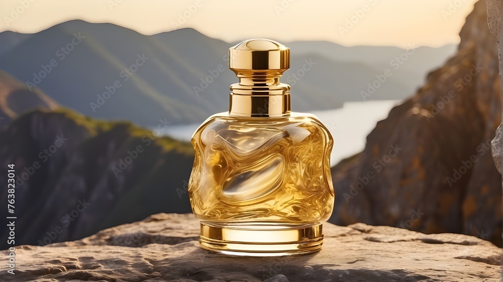 Generic luxury gold perfume mockup glass bottle with golden chrome and marbled glass body with on rock display at golden hour time Generic luxury gold perfume mockup glass bottle with golden chrome and marbled glass body with on rock display at golden hour time