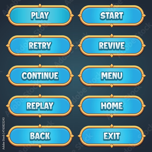 Set of blue game interface buttons with elegant gold borders for a modern and stylish game UI design