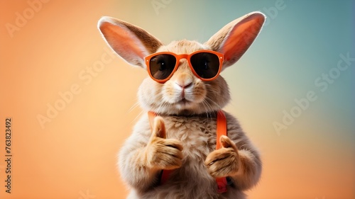 Funny and cute rabbit pointing finger at a copy space background while wearing a yellow shirt and bow tie. Adorable rabbit wearing shades against a blue backdrop © Qazi Sanawer