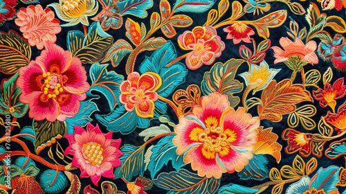 colorful floral batik pattern background made with embroidery