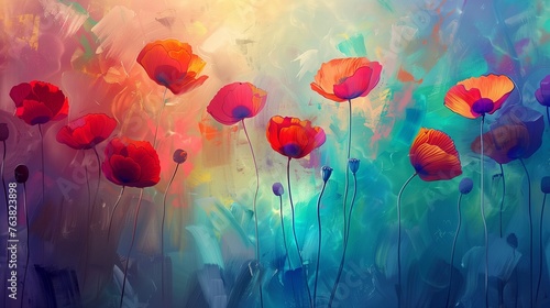 In a realm where time dances to the rhythm of petals, envision a Poppy abstract painting pulsating with ethereal energy.