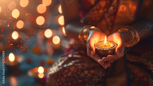 An Indian family dressed in ethnic clothing and using a traditional oil lamp to celebrate the Diwali or deepavali festival of lights at home, with a young girl holding the lamp.