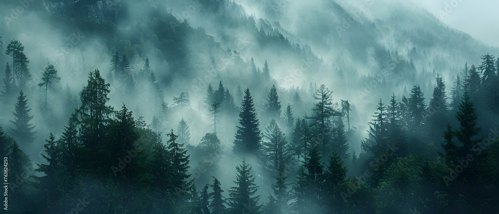 Misty Mountainside Forest:A Serene and Ethereal Landscape - obrazy, fototapety, plakaty 
