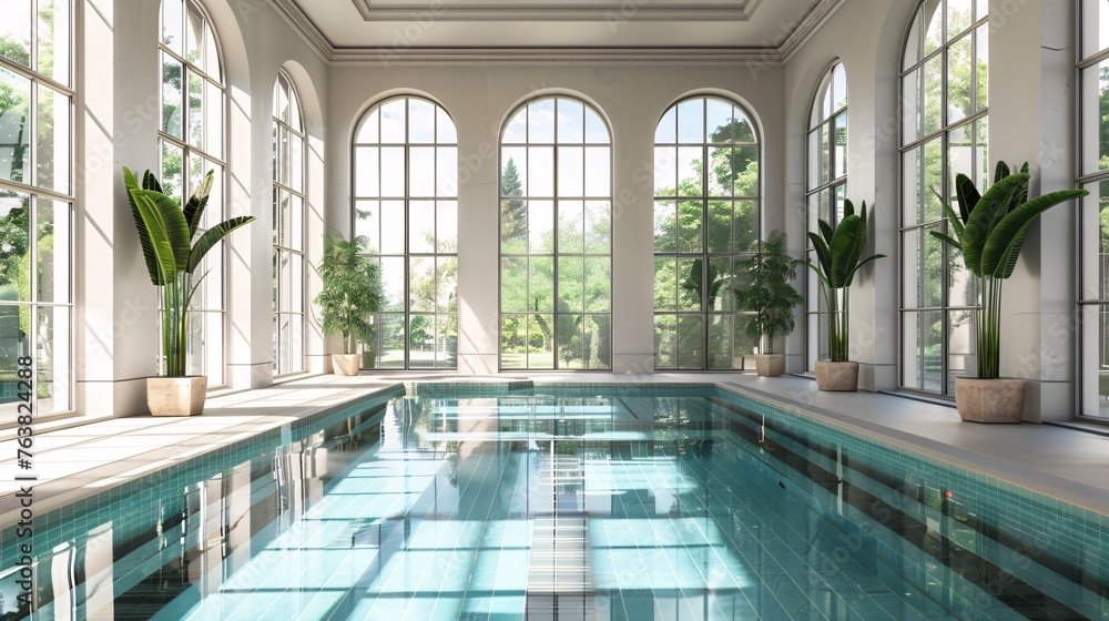 Opulent pool with numerous windows.