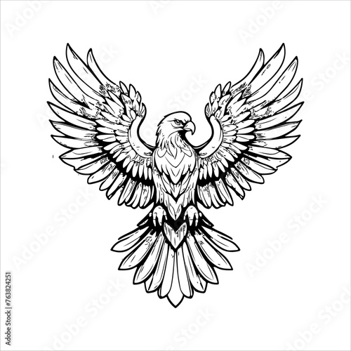 Eagle with spread wings in detailed line art.