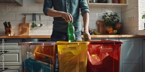 Man placing used plastic bottle into recycling bin in kitchen. Household member sorting rubbish in kitchen. Assorted bins with vibrant trash bags. photo