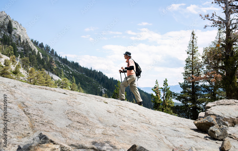 Man hiking Eagle Lake trail. Emerald Bay. South Lake Tahoe. California.