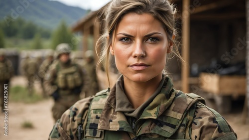 Portrait of german female military soldier in camouflage uniform training on the battle base camp training ground, serious looking at camera from Generative AI