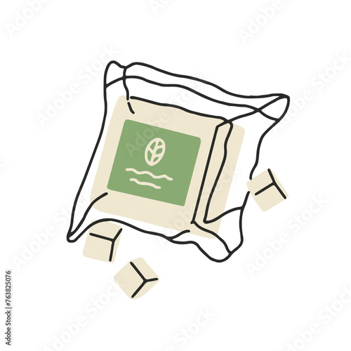 Package of tofu cubes. Diced healthy soya. Vegan soybean food. Natural source of protein for vegetarians. Organic veggie curd, cheese in pack. Flat isolated vector illustration on white background