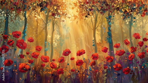 Within the depths of an enchanted forest, envision a Poppy abstract painting that captures the essence of nature's mystique.