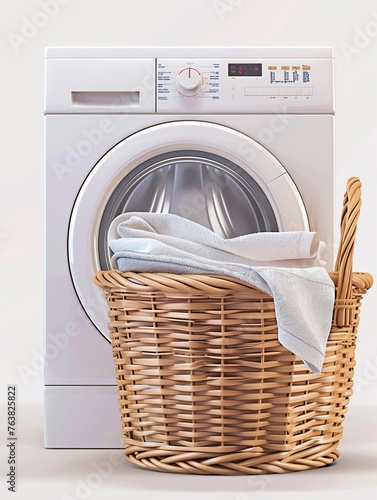 A lifelike laundry appliance with a hamper, household or washing gear 3D illustration.