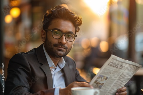 A young Asian Indian entrepreneur enjoying a cup of coffee and perusing a newspaper at a caf√©, with a modern office building and stunning golden sunlight in the backdrop.