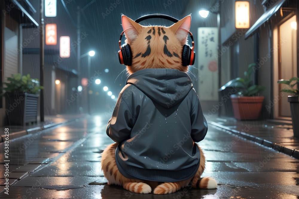 Lofi Cat with headphones is listening to music while sitting on a street in rainy weather