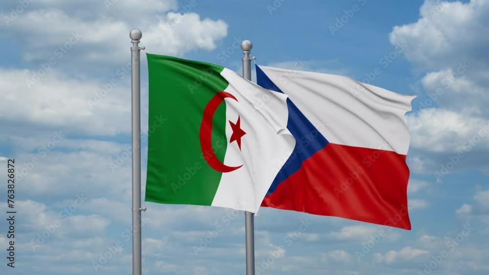 Czech Republic and Algeria two flags waving together, looped video, two country relations concept Czech Republic and Algeria two flags waving together, looped video, two country relations concept