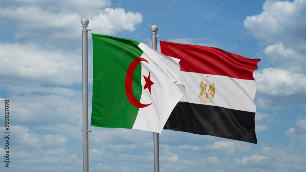 Egypt and Algeria two flags waving together, looped video, two country relations concept Egypt and Algeria two flags waving together, looped video, two country relations concept