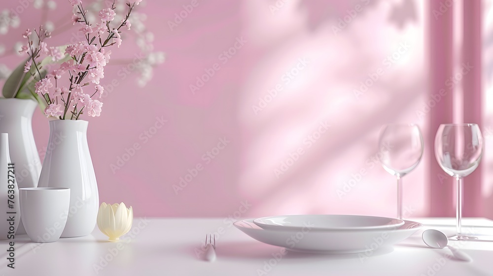 A serene table arrangement with cherry blossoms in soft focus, casting a pink hue over a refined dining setup with wine glasses, a plate, and cutlery
