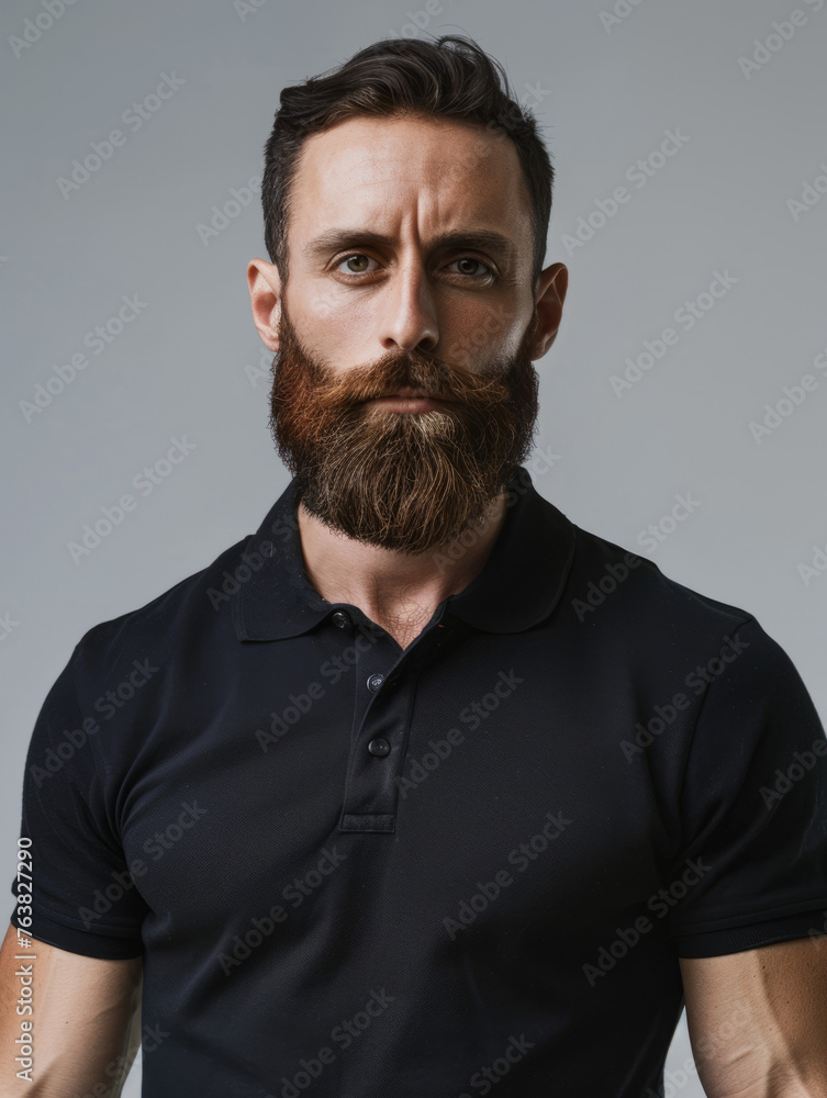 Fototapeta premium Portrait of a bearded man with a focused expression against a grey background, evoking confidence and style