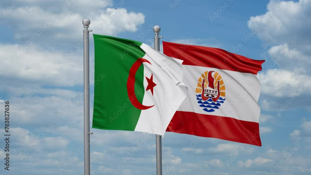 French Polynesia and Algeria two flags waving together, looped video, two country relations concept French Polynesia and Algeria two flags waving together, looped video, two country relations concept