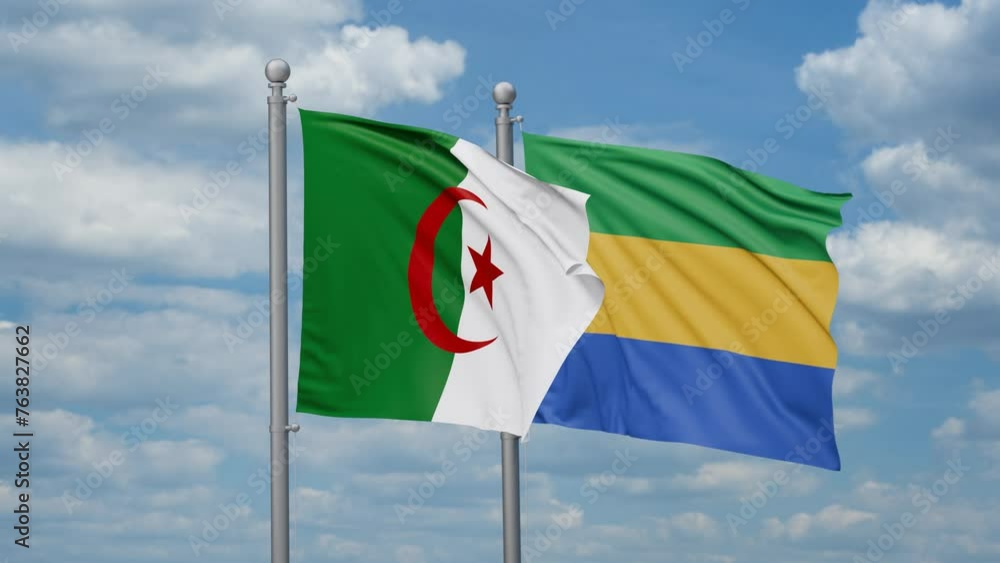 Gabon and Algeria two flags waving together, looped video, two country relations concept Gabon and Algeria two flags waving together, looped video, two country relations concept