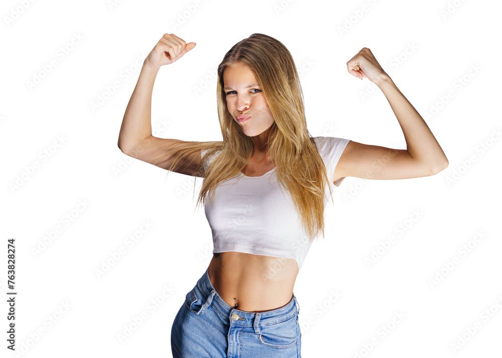 Beautiful confident and happy young woman shows her muscles isolated on free png background. Portrait of smiling Caucasian blonde girl. Successful concept. Beautiful confident and happy young woman shows her muscles isolated on free png background. Portrait of smiling Caucasian blonde girl. Successful concept.