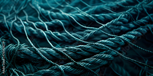 A green fishing net is wrapped in a blue cloth. 3d render abstract background with cables with carbon braid texture. 