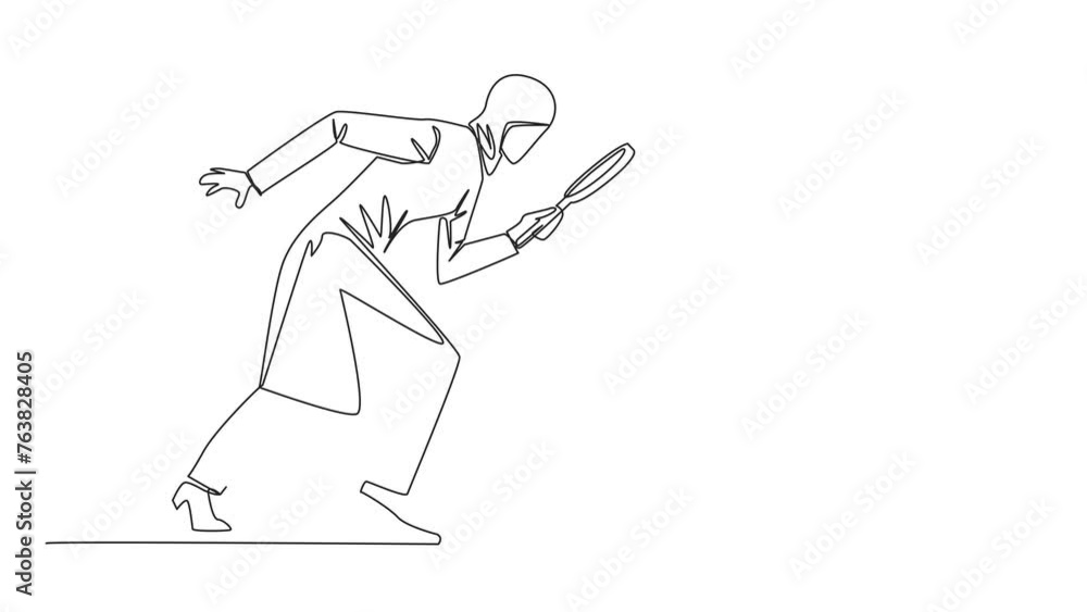 Self drawing animation of single one line drawing of Arabian businesswoman holding magnifying glass highlights the briefcase. tidied up his briefcase to go on a business trip. Full length animated Self drawing animation of single one line drawing of Arabian businesswoman holding magnifying glass highlights the briefcase. tidied up his briefcase to go on a business trip. Full length animated