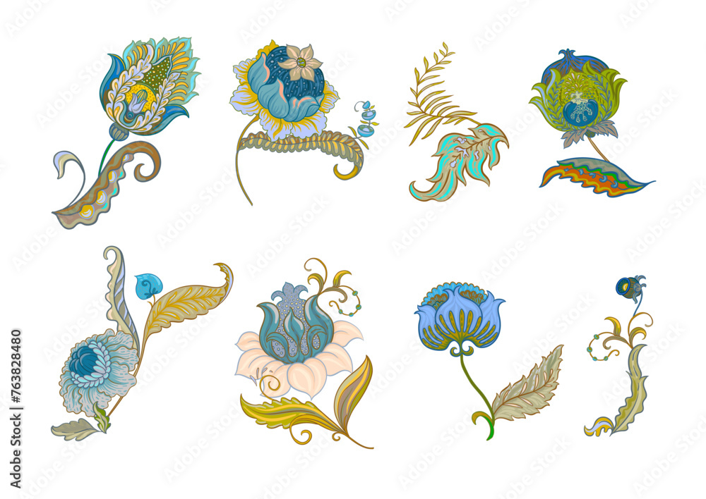 Fototapeta premium Fantasy flowers in retro, vintage, jacobean embroidery style. Clip art, set of elements for design Vector illustration.