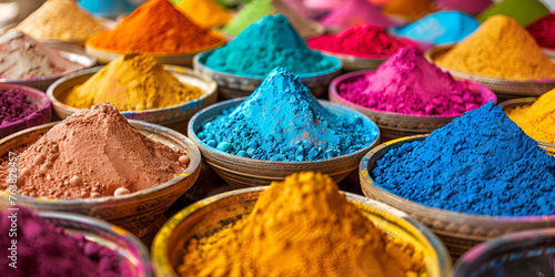 Colorful traditional powder in bowls Happy Concept Indian color festival called Holi Organic dust, Vibrant colors and their interplay evoking, 