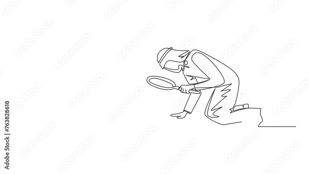 Self drawing animation of continuous one line drawing Arabian businessman holding magnifying glass look at gift box. Assign bonuses to employees have high dedication to company. Full length animated Self drawing animation of continuous one line drawing Arabian businessman holding magnifying glass look at gift box. Assign bonuses to employees have high dedication to company. Full length animated
