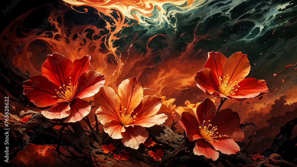 Burning orange and warm flame red Azalea flowers - fantasy background wallpaper design in the style of surreal watercolor art.