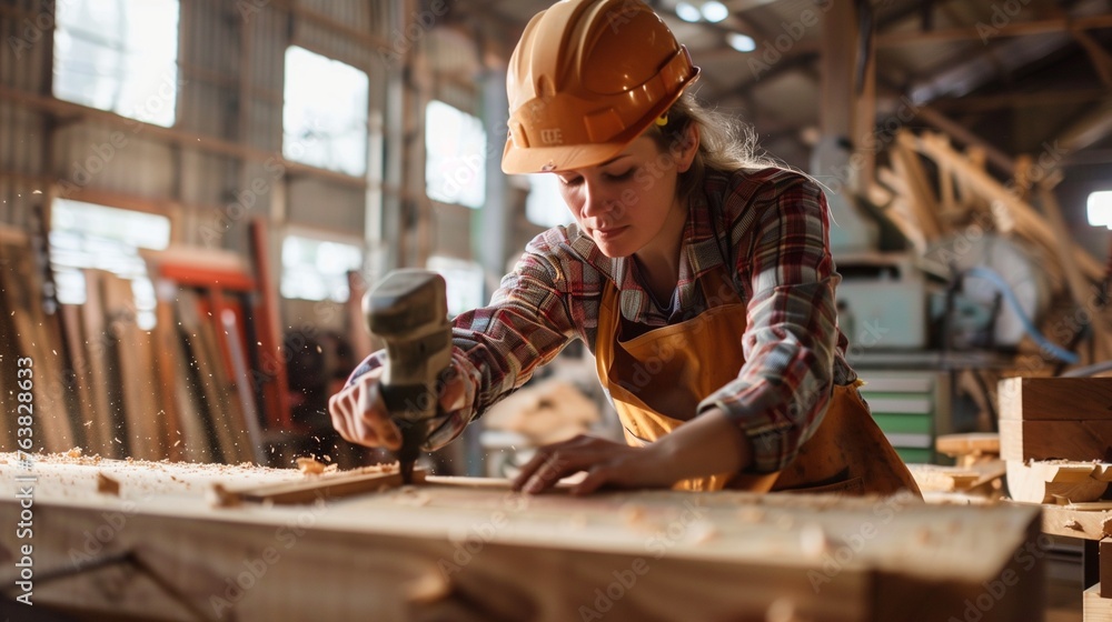 Carpentry workshop scene. A focused woman in a hard hat and apron is planing wood, with wood shavings flying around, indicating the dynamic of woodworking. Carpentry workshop scene. A focused woman in a hard hat and apron is planing wood, with wood shavings flying around, indicating the dynamic of woodworking.