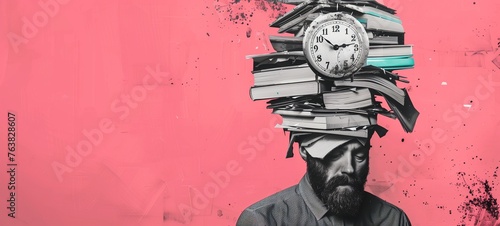A man with a towering pile of books on his head topped alarm clock. The vivid pink background emphasizes the stress or pressure of time management and knowledge acquisition.