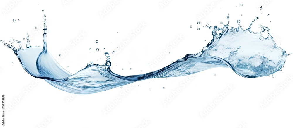 Obraz premium A liquid splash of water on a white background, creating a beautiful visual arts artwork reminiscent of a wind wave painting. The slope and artistry in the drawing captures the essence of nature