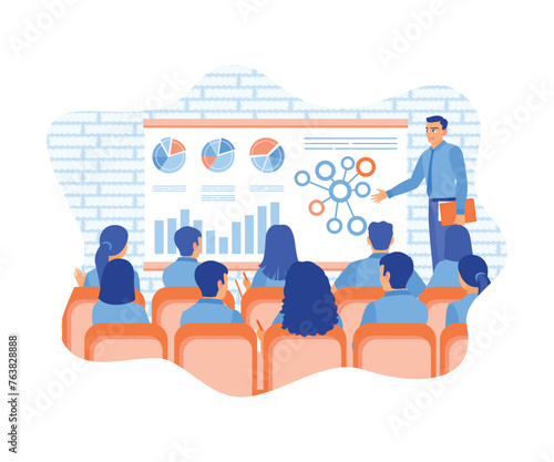 CEO holds presentations and offers business training to employees. Display business sales data on board. Business Seminar & Webinar concept. Flat vector illustration.